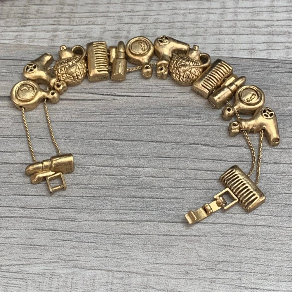 Vintage Gold Tone Beauty Salon Charm Bracelet Hair Dryer Comb Lipstick 6.5